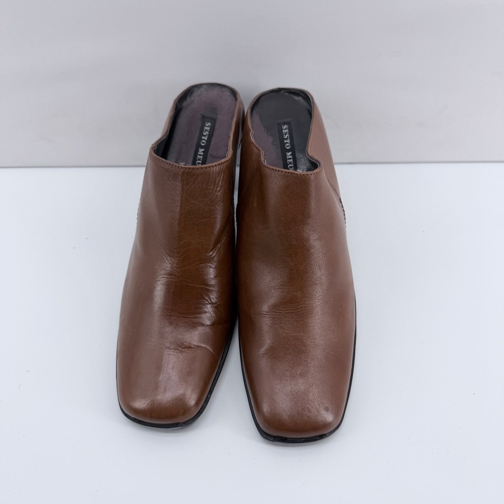 Sesto Meucci Brown Leather Square Toe Mules Block Heel Made in Italy Womens 9 M
